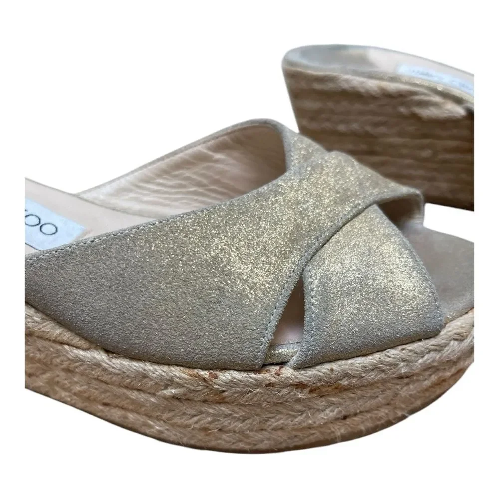 Jimmy Choo Gold Shimmer Espadrille Wedge Sandals Crisscross Women’s Size 39 8.5